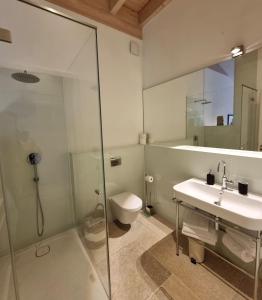 明斯特Thuers im Busch - Gute Stube +的浴室配有卫生间、盥洗盆和淋浴。