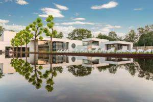奥斯特豪特Natuurhuisje Bergvliet - Nature, Golf & Wellness的水中反射的房屋的 ⁇ 染