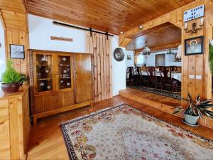 普雷代亚尔Casa RAI的一间带木镶板的客厅和一间用餐室