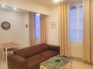 科尔马科尔马中心大使公寓的客厅配有棕色皮沙发和桌子