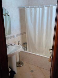 卡武埃鲁Erike Guest House的一间带水槽和淋浴帘的浴室
