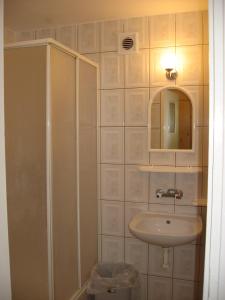 加茨比亚格拉Pokoje Gościnne Standard的浴室配有盥洗盆和带镜子的淋浴