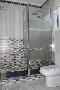 LajitaLA ORILLA BEACH HOUSE的一间带卫生间和玻璃淋浴间的浴室