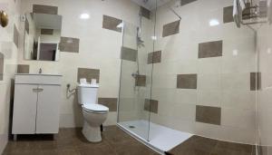里斯本佩绍诺瓦戈雅酒店的一间带卫生间和玻璃淋浴间的浴室
