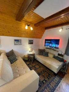 马考巴尔贾Chalet Calla的客厅配有白色沙发和平面电视。