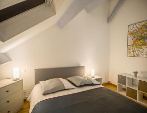特鲁瓦Le Duplex Troyen - 5 min Hypercentre - Ideal Groupe - Parking Gratuit的一间卧室配有一张大床和两盏灯。