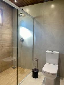 大普拉亚Mirador da Montanha的一间带卫生间和玻璃淋浴间的浴室
