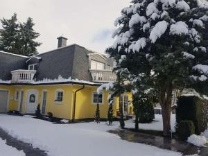 新安斯波HAUS Madelaine的一座黄色的房子,地面上积雪