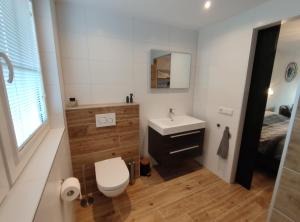 佐特兰德Luxe Kamer aan Zee的一间带卫生间、水槽和床的浴室
