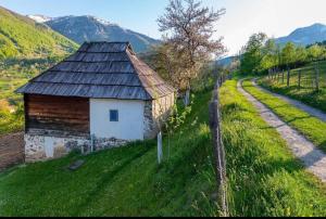 AndrijevicaHousehold Babovic - Old house Miljan's valley的山坡上路边的谷仓