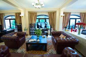布拉索夫盆苏尼托斯卡纳旅馆的客厅配有真皮沙发和桌子