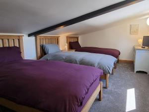 PitneyDronefield Lodge的一间卧室配有两张紫色床单