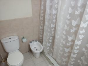皮拉米德斯港COMPLEJO ALOHA的浴室设有卫生间和带蝴蝶的浴帘