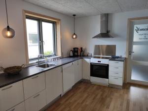 菲耶里茨莱乌Hjortdal B&B的厨房配有白色橱柜和水槽