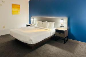 WylieComfort Inn & Suites Wylie的一张大床,位于酒店带蓝色墙壁的房间里