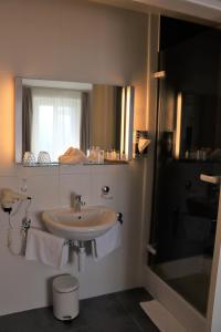 比尔西内勒La Clef D'Or Auberge Communale的一间带水槽、镜子和淋浴的浴室