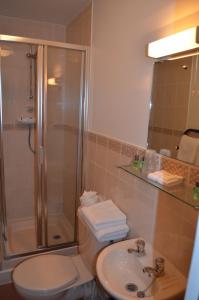 Saint Peter Port莱斯可提尔斯酒店的带淋浴、卫生间和盥洗盆的浴室