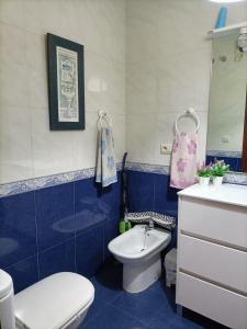 奥伦塞Piso zona Campus-Lagunas的蓝色和白色的浴室设有卫生间和水槽