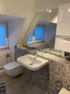 吕贝克Modernes, familienfreundliches Apartment in Lübeck的一间带水槽、卫生间和镜子的浴室