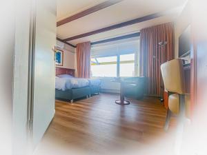 代尔夫宰尔推进器酒店的配有一张床、一张书桌和一扇窗户的酒店客房