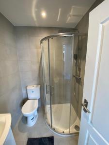 亨顿Spectacular Modern, Brand-New, 1 Bed Flat, 15 Mins Away From Central London的一间带卫生间和玻璃淋浴间的浴室