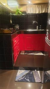 伊穆斯Billgren House的一间带红色橱柜和水槽的厨房