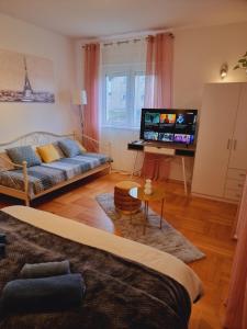 科普里夫尼察Skitnica House sobe的带沙发和平面电视的客厅