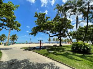 桑托斯Praia Gonzaga, Santos的棕榈树和人行道的海滩公园