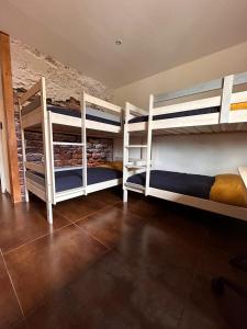 梅塔比耶Place Royale pour 10 à 12 personnes à 30 mèt des pistes de Ski et Vtt的一间卧室配有三张双层床。