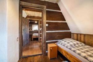 波拉齐克威尔多丽娜聚居地山林小屋的一间小卧室,配有一张床和镜子