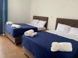 El PlatanoTorremar Zorritos II的客房内的两张床和毛巾