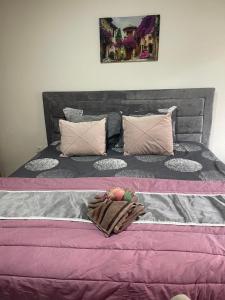 新帕扎尔ALOHA apartment的一张大床,配有粉红色和灰色的床单和枕头