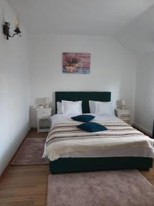 霍雷祖Casuta din Gradina的一间卧室配有一张大床和绿色床头板