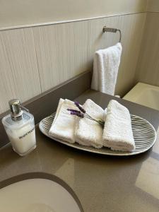 赫曼努斯House Vos的浴室提供2条毛巾和1瓶肥皂。