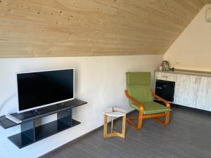 阿尔杰什河畔库尔泰亚Cabanele lu’ Dinu的客厅配有平面电视和绿色椅子。