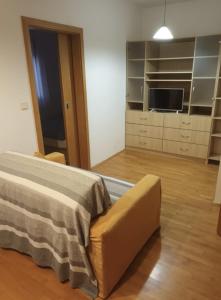 萨格勒布Odmor u Zagrebu的客房设有床、沙发和电视。