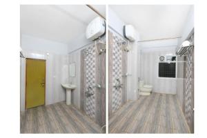 蒂鲁帕蒂Sai Golden Rooms的浴室的两张照片,配有卫生间和水槽