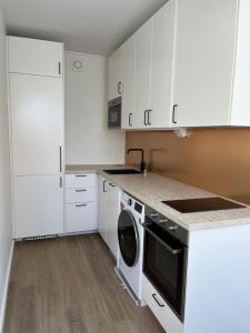 埃斯波Garden city studio的厨房配有白色橱柜和洗碗机。