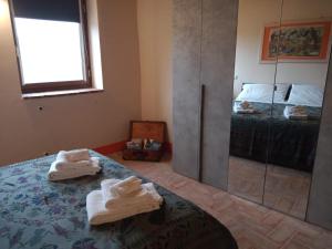 布奇内Appartamento Biricocolo的一间卧室配有床和带毛巾的镜子