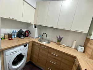 比斯特里察EDA apartment的厨房配有白色橱柜和洗衣机。