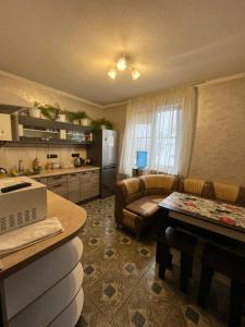 乌日霍罗德Forsage Hostel的厨房以及带沙发和桌子的客厅。