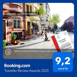 伊斯坦布尔Sadaret Hotel&Suites Istanbul -Best Group Hotels的一张传单,用于旅游评审奖,并附有街道照片