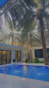 胡富夫لورينا شالية的两棵棕榈树,位于一座带游泳池的房子前