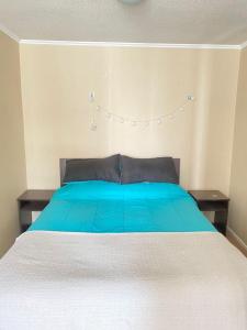 洛斯安第斯Esperanza的一张带蓝色毯子和2个床头柜的床