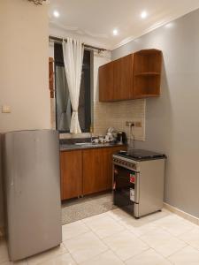 坎帕拉The Fancy convenience-free wifi Kyanja的厨房配有不锈钢冰箱和水槽