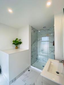 基督城Home sweet home Christchurch Centre的一间带玻璃淋浴和水槽的浴室