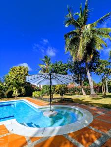圣安德烈斯卡佩寓所旅馆的一个带遮阳伞和棕榈树的游泳池