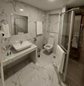 盖夫盖利亚Apartments Jordan Luxury的一间带水槽、卫生间和淋浴的浴室