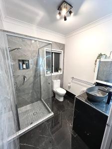 谭伯连山Berghofen的带淋浴、卫生间和盥洗盆的浴室