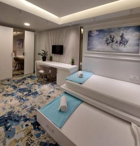 盖夫盖利亚Apartments Jordan Luxury的配有一张床和一张书桌的酒店客房